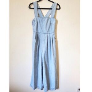 Free People Fara Chambray Denim Jumpsuit Wide Leg Cropped Light Wash Womens 6
